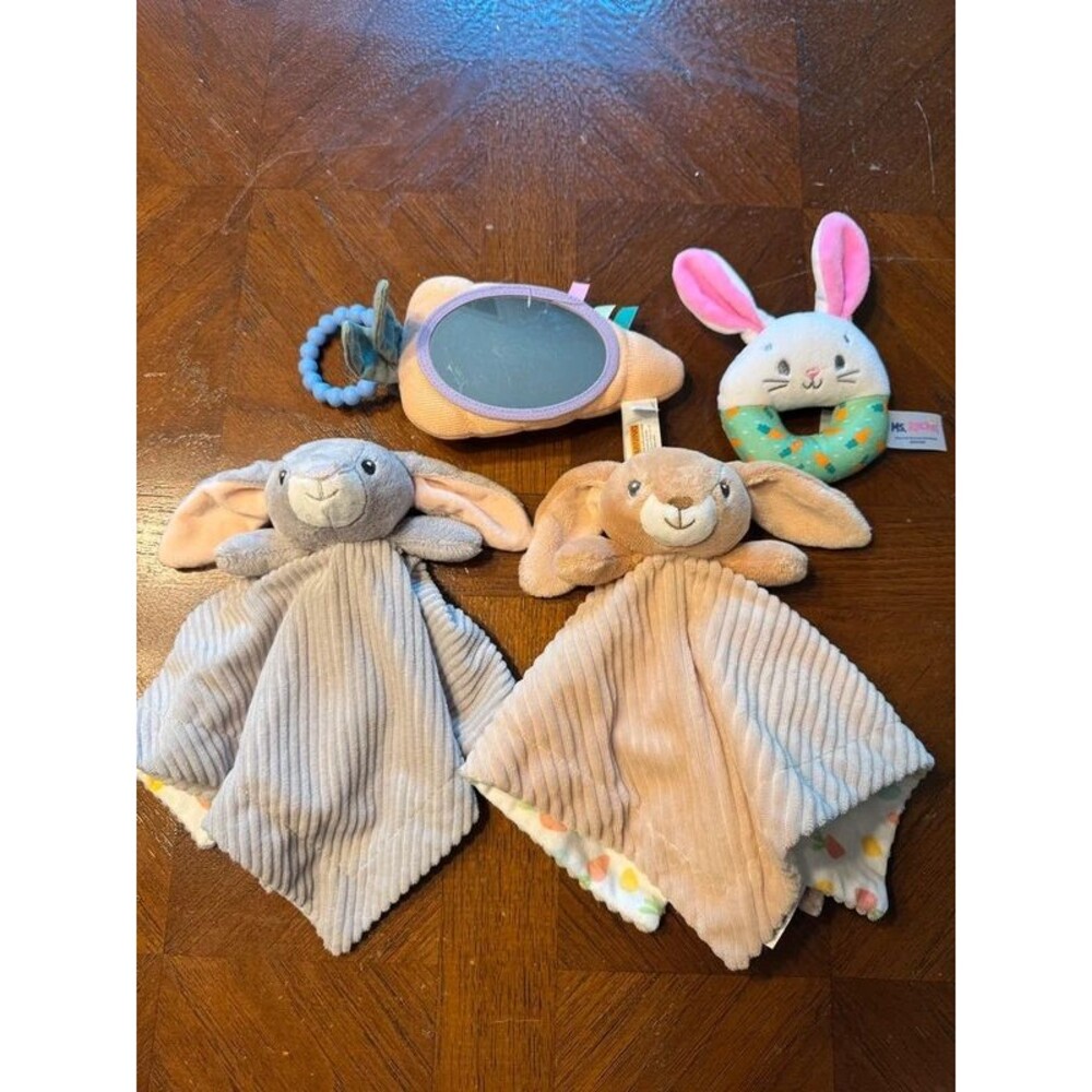 2-plush bunny loveys, carrot mirror, bunny rattle